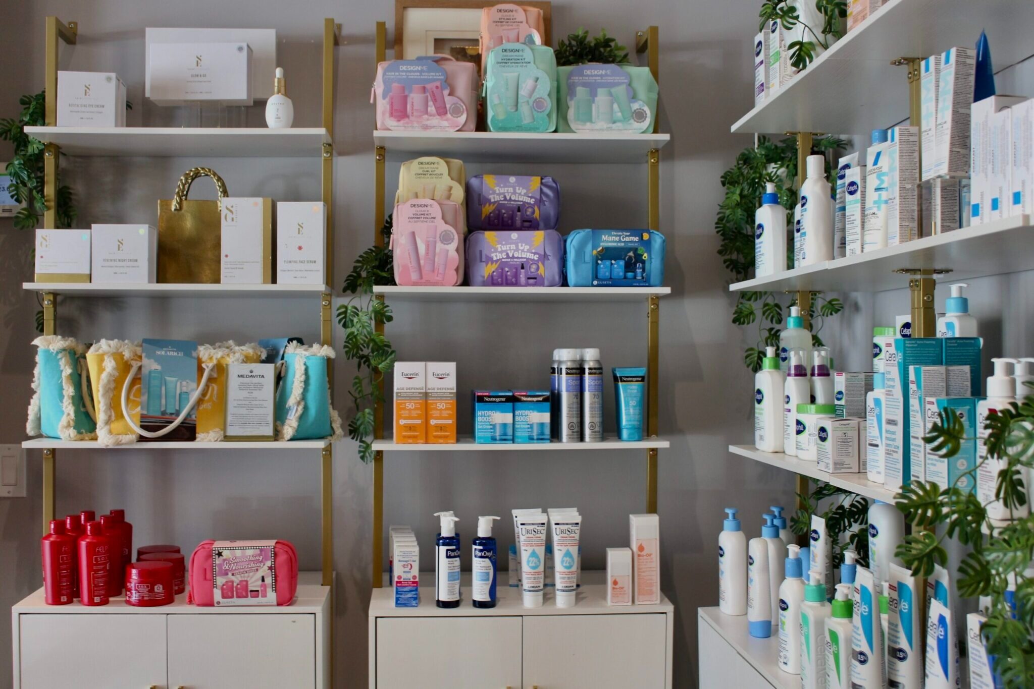 Curated skincare shelves at Cunard Pharmacy's pharmacist-led Skin Clinic